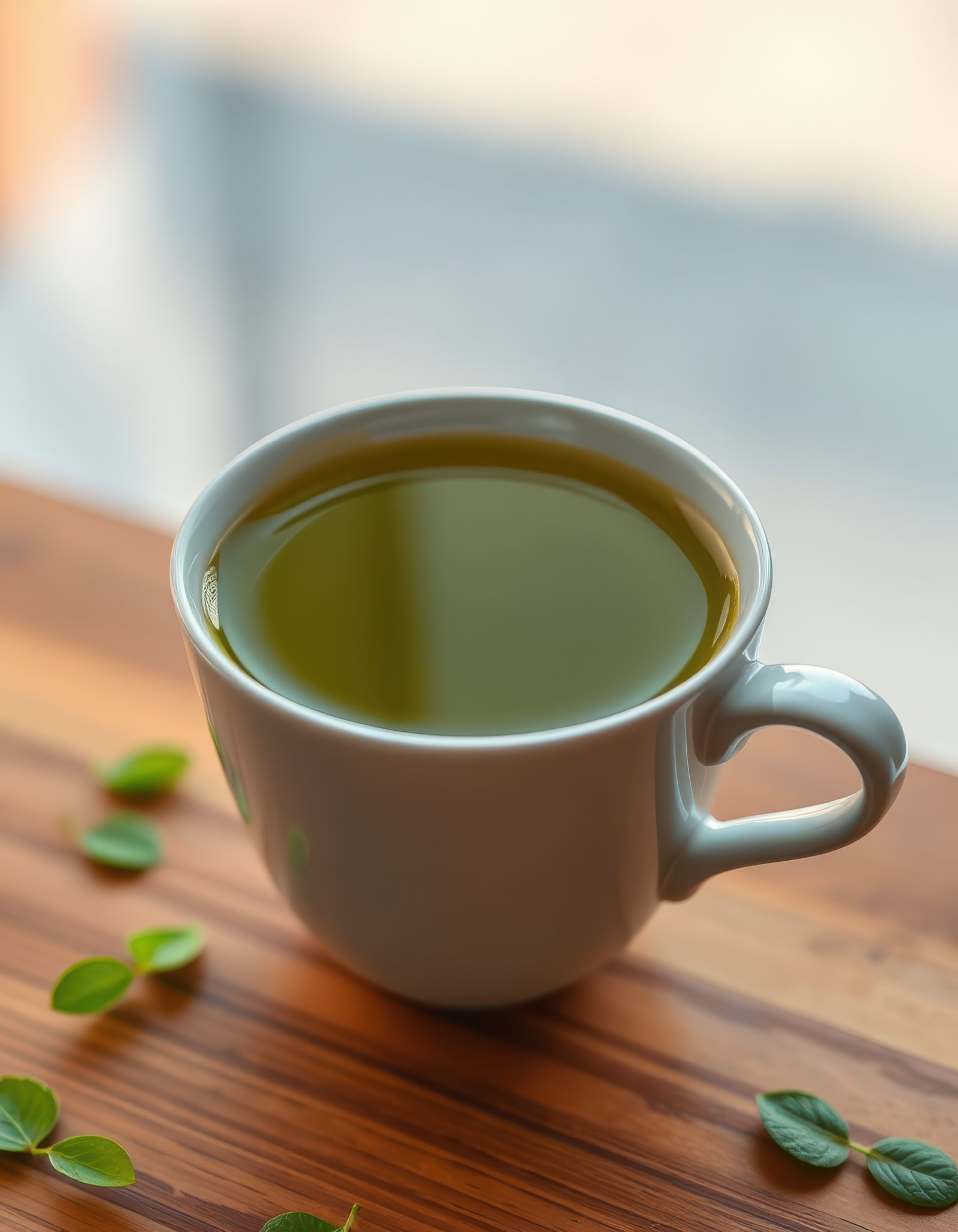 Freshly brewed green tea sits on a wooden table surrounded by small leaves in a bright atmosphere